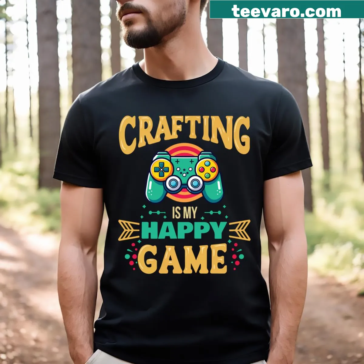 Funny T-shirt with 'Crafting Is My Happy Game' text — on a men's t-shirt