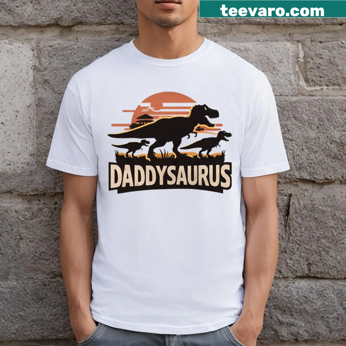 Funny Father's Day shirt with 'Daddy Dinosaur Daddysaurus' design — on a men's t-shirt