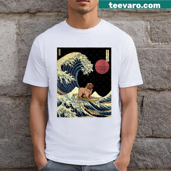 Dog Surfing T-shirt featuring a dog on a wave graphic.