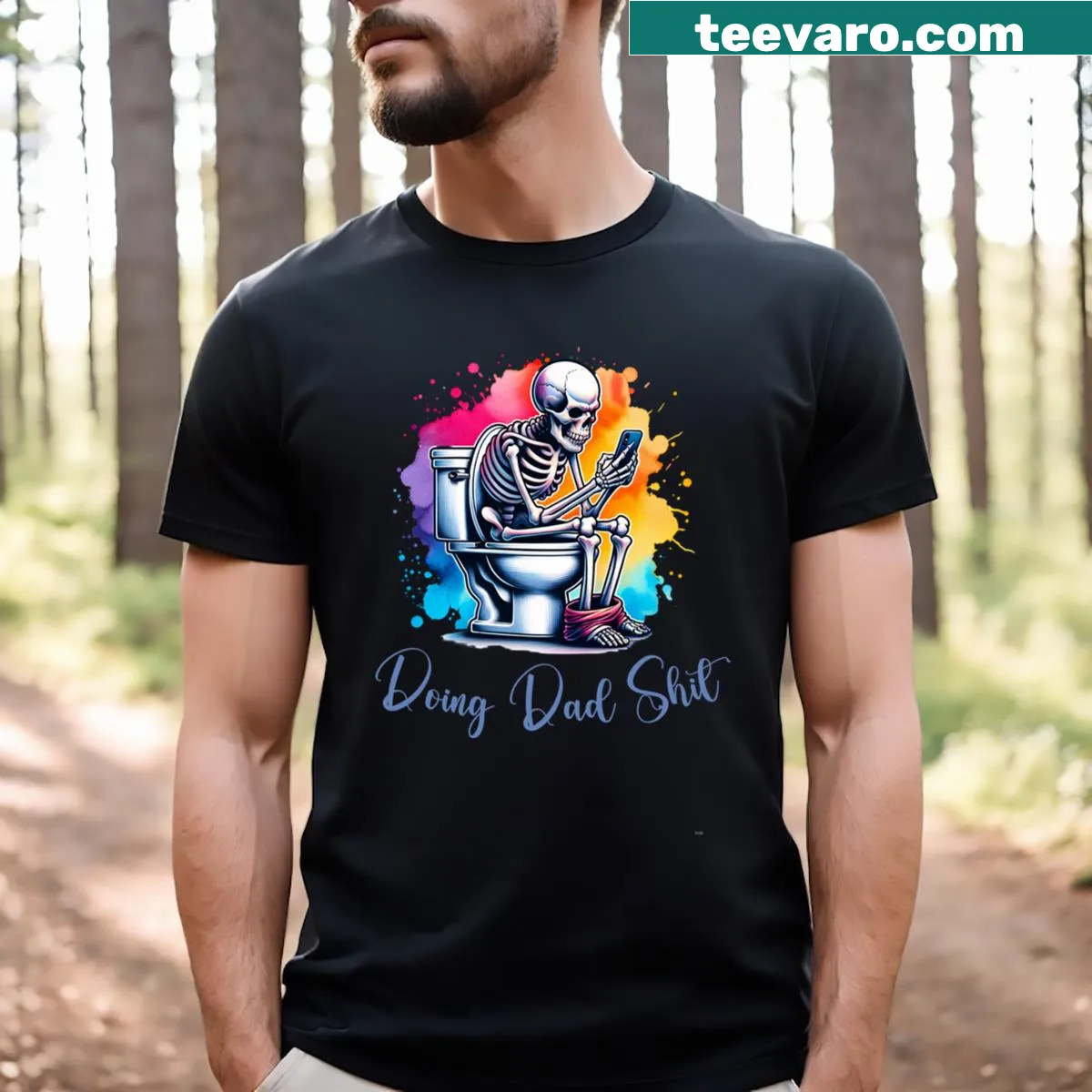 Funny T-shirt with a skeleton on a toilet design for dads. — on a men's t-shirt