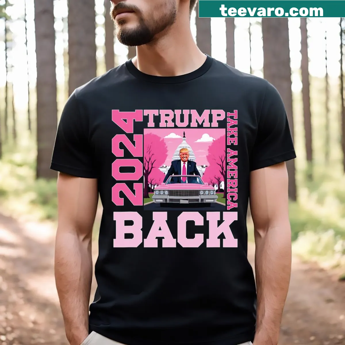 Text design referencing 45th and 47th presidencies for Trump 2024 — on a men's t-shirt