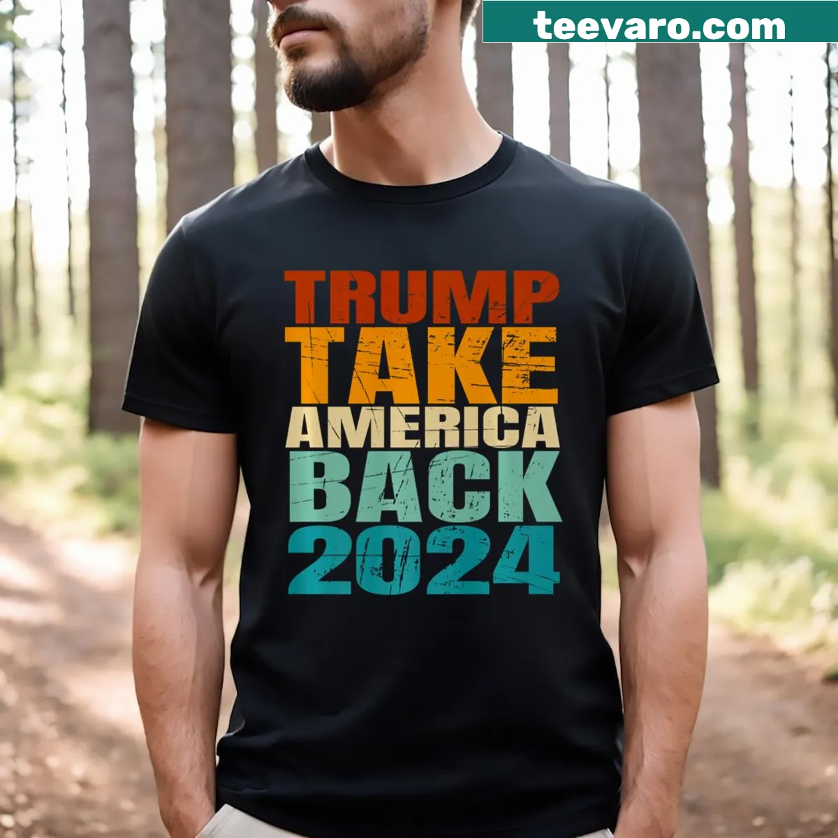 Graphic with 'The Return' text for Trump 2024 election — on a men's t-shirt