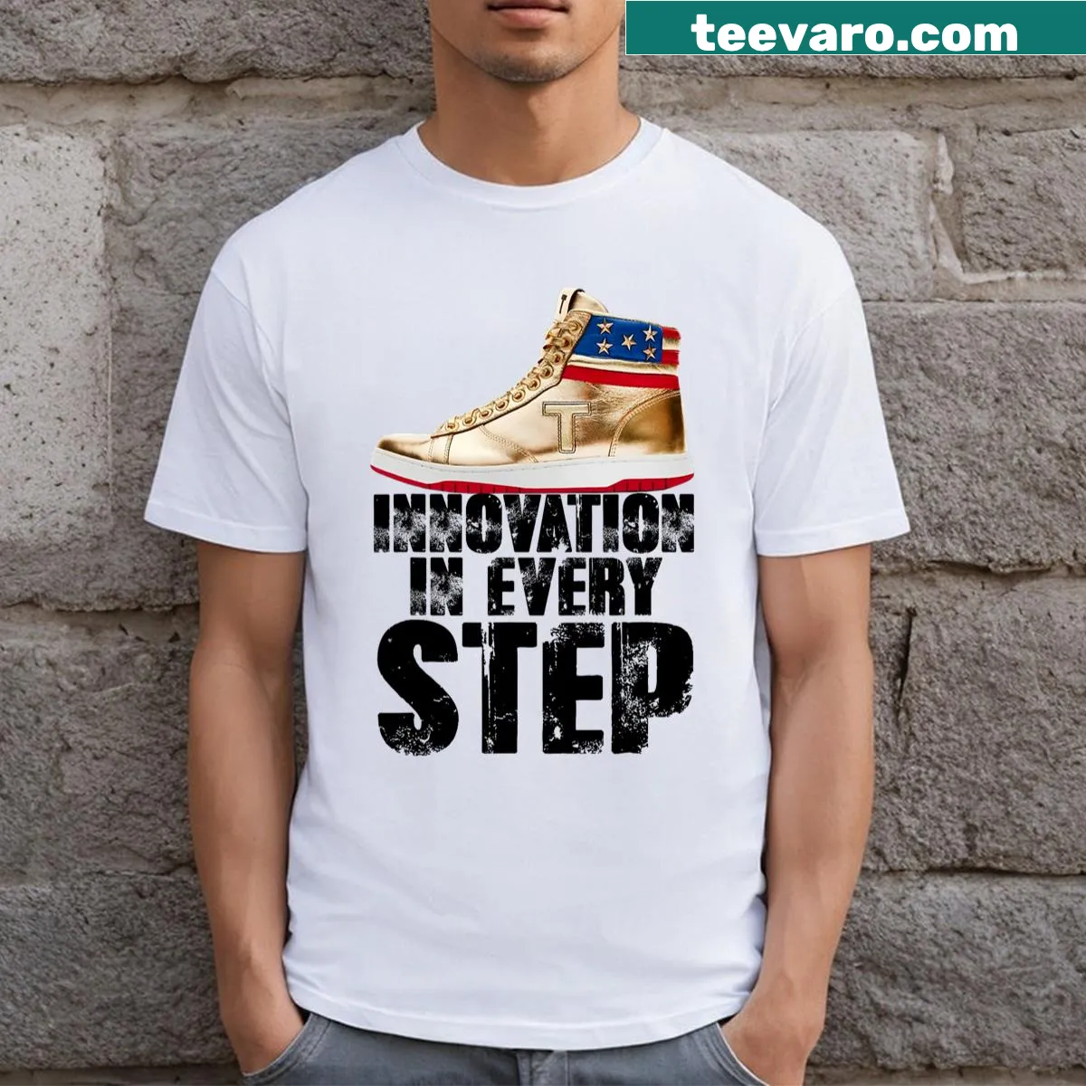 Patriotic tee with 'Donald Trump Sneakers' text and election theme — on a men's t-shirt