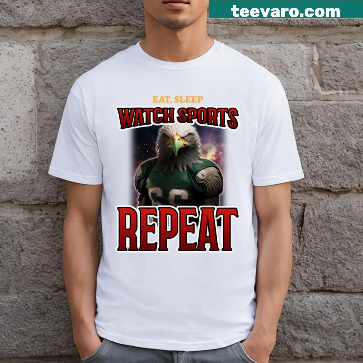 Funny T-shirt with 'Eat Sleep Watch Sports Repeat' slogan for sports fans. — on a men's t-shirt