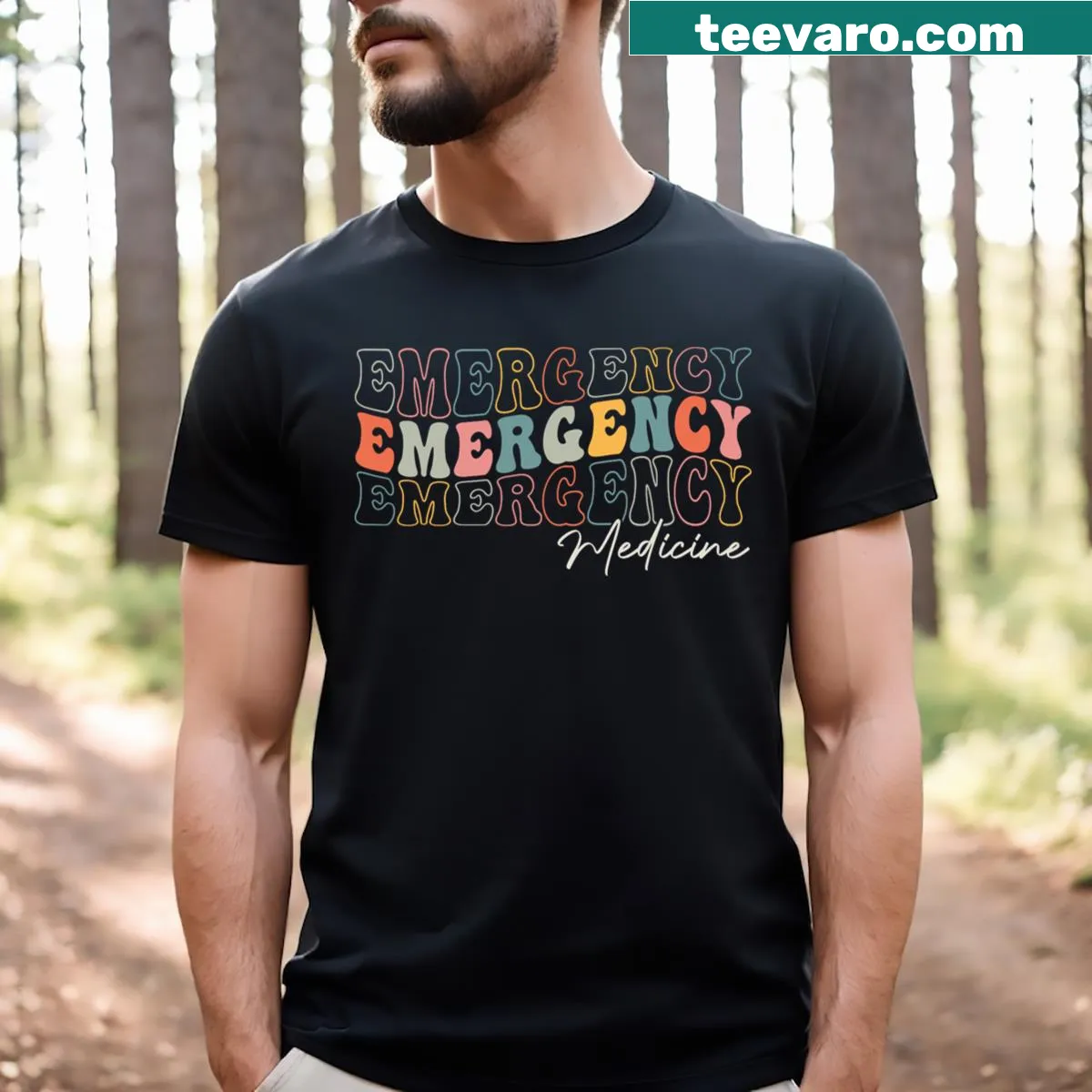 Retro graphic t-shirt celebrating emergency medicine with playful healthcare illustrations. — on a men's t-shirt