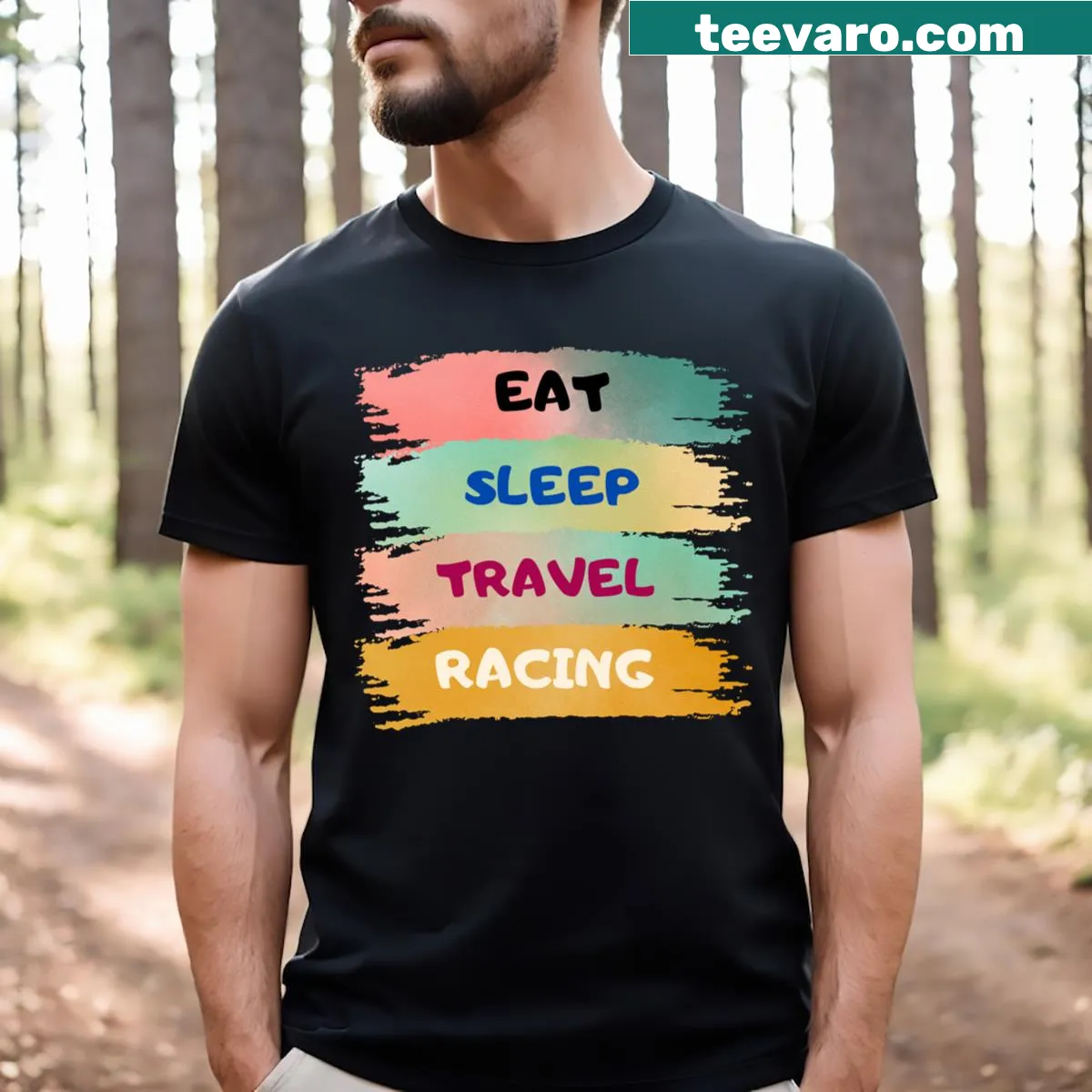 Typography design featuring Eat Sleep Travel Repeat text — on a men's t-shirt