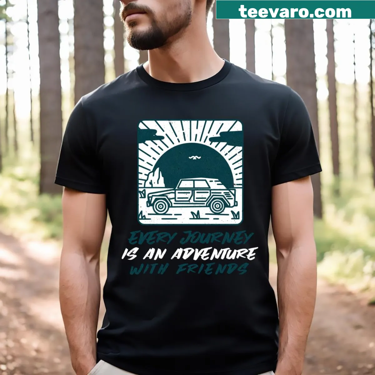 Inspirational typography design with Every Journey Is An Adventure text — on a men's t-shirt