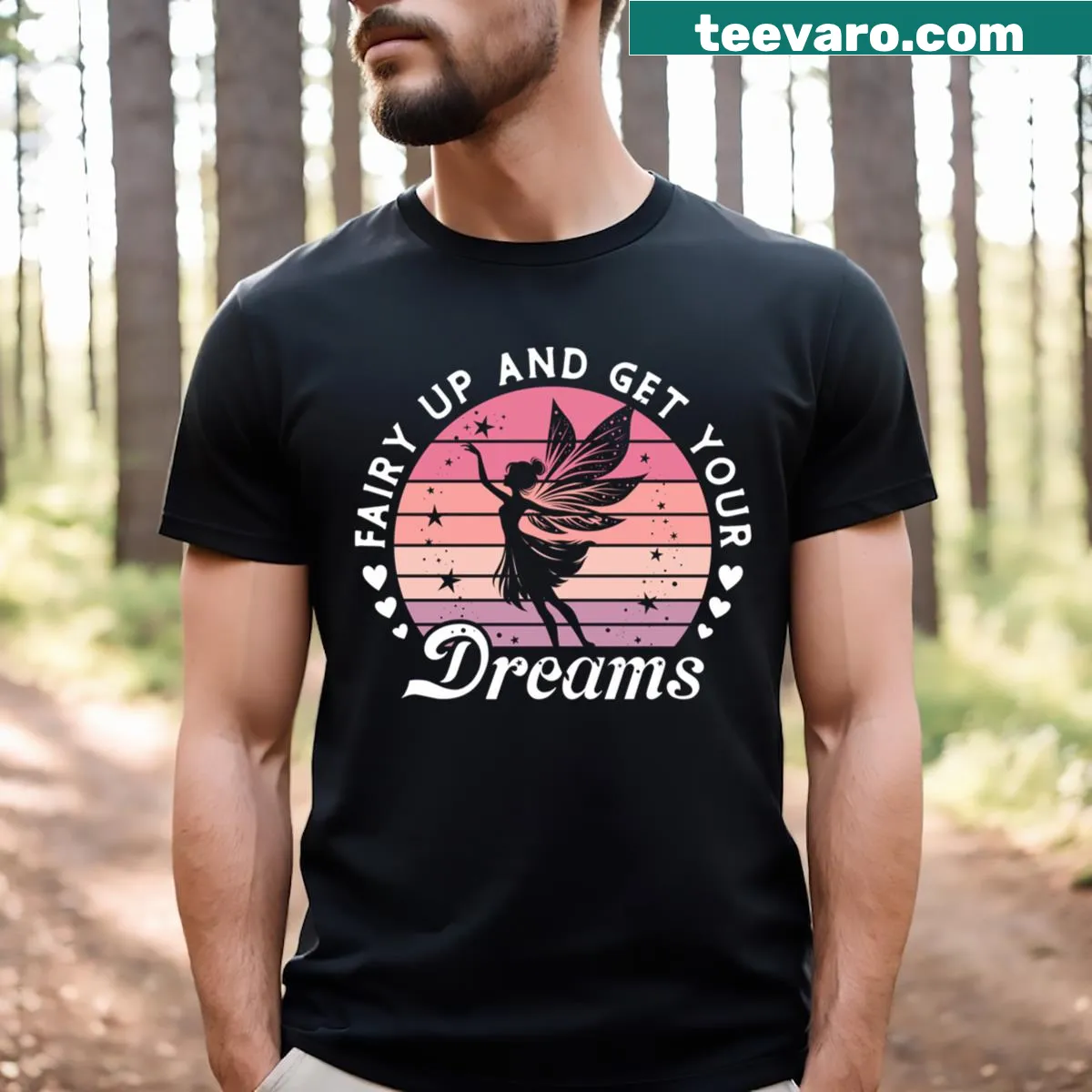 Whimsical tee with a fairy graphic and motivational slogan about dreams — on a men's t-shirt