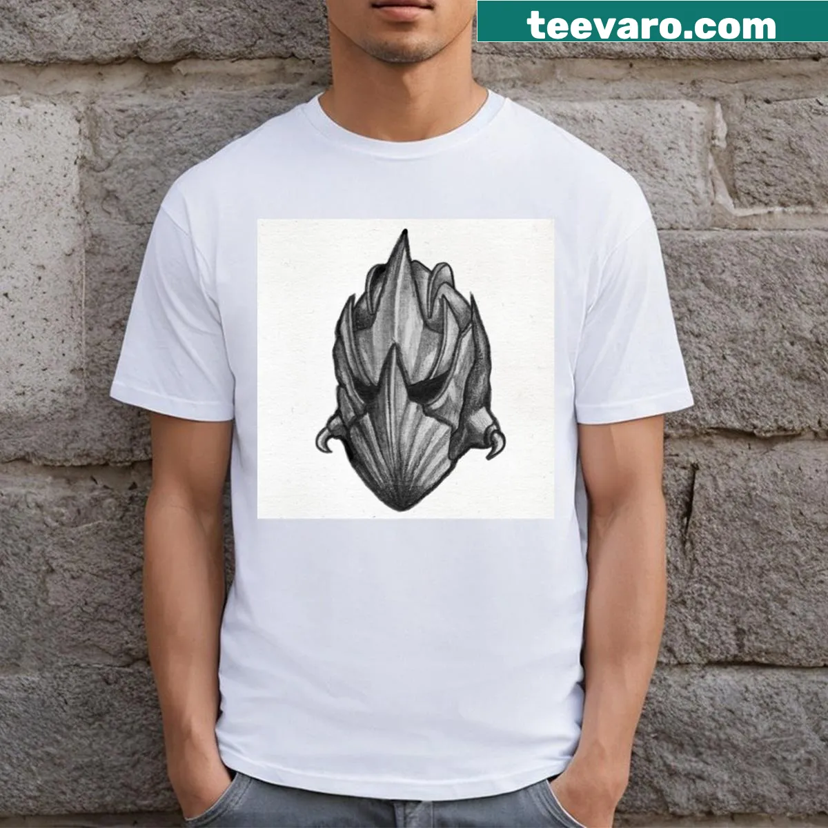 Fantasy theme T-shirt with an illustrated helmet concept sketch — on a men's t-shirt