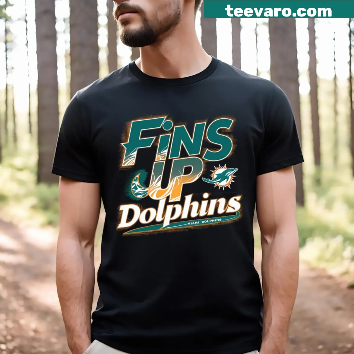 Playful T-shirt with dolphins and ‘Fins Up’ text illustration — on a men's t-shirt