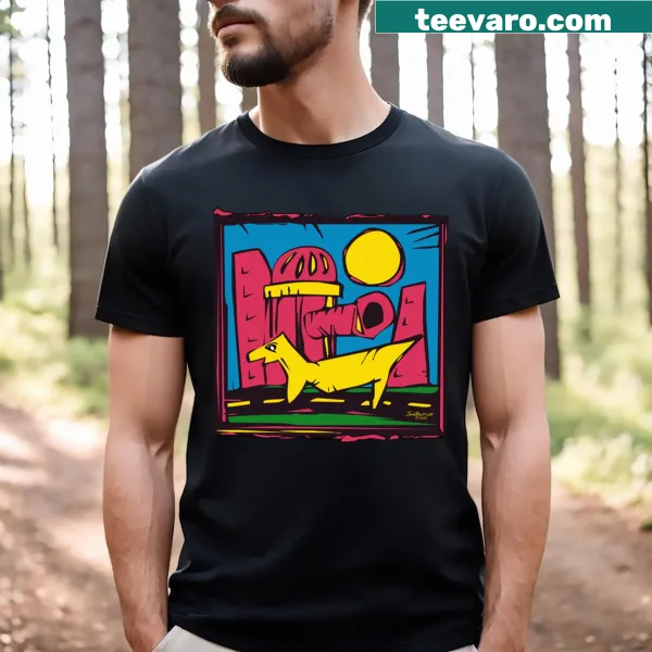 Illustration of a dog by a fire hydrant on a T-shirt