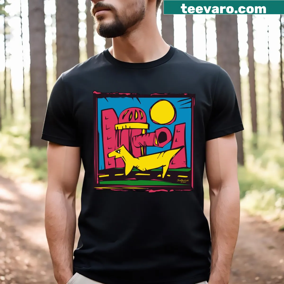 Illustration of a dog by a fire hydrant on a T-shirt — on a men's t-shirt
