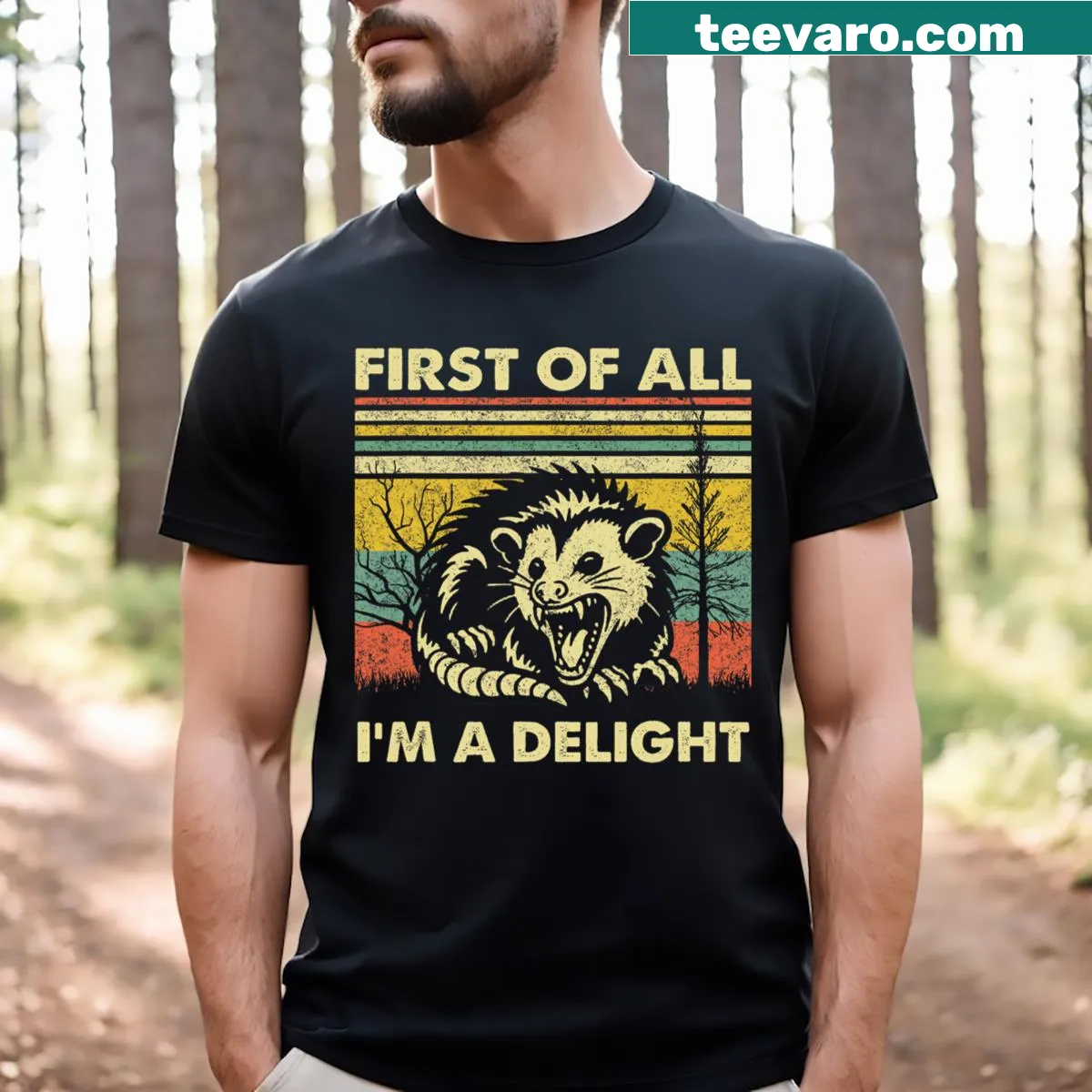 Sarcastic opossum t-shirt with angry expression and humorous text — on a men's t-shirt