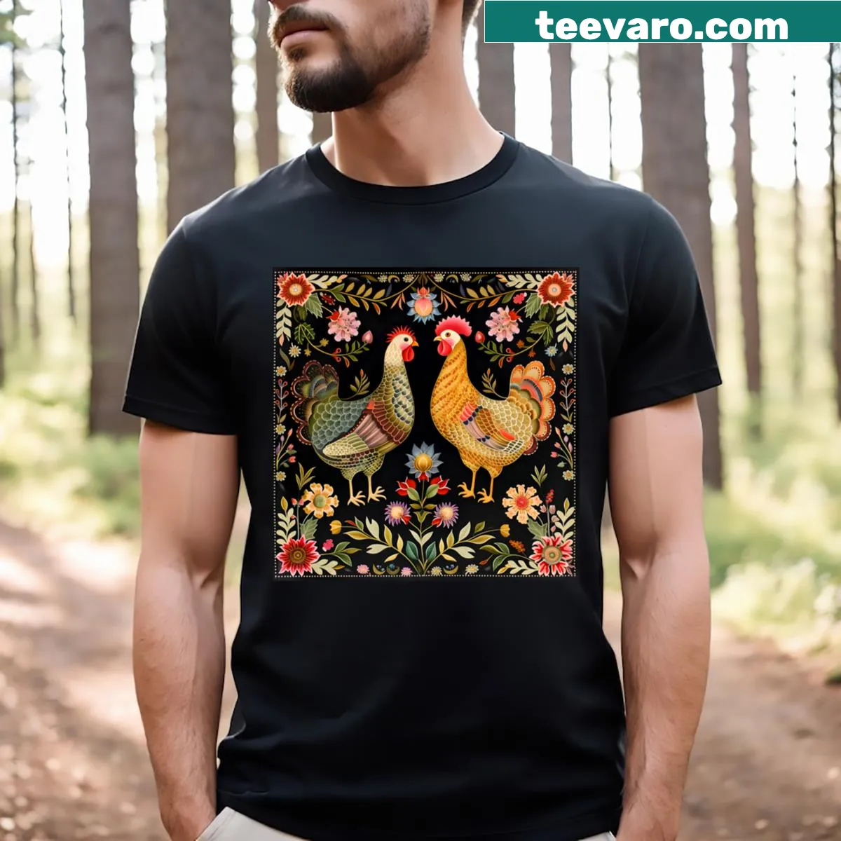 Folk art rooster and hen t-shirt with detailed illustration — on a men's t-shirt