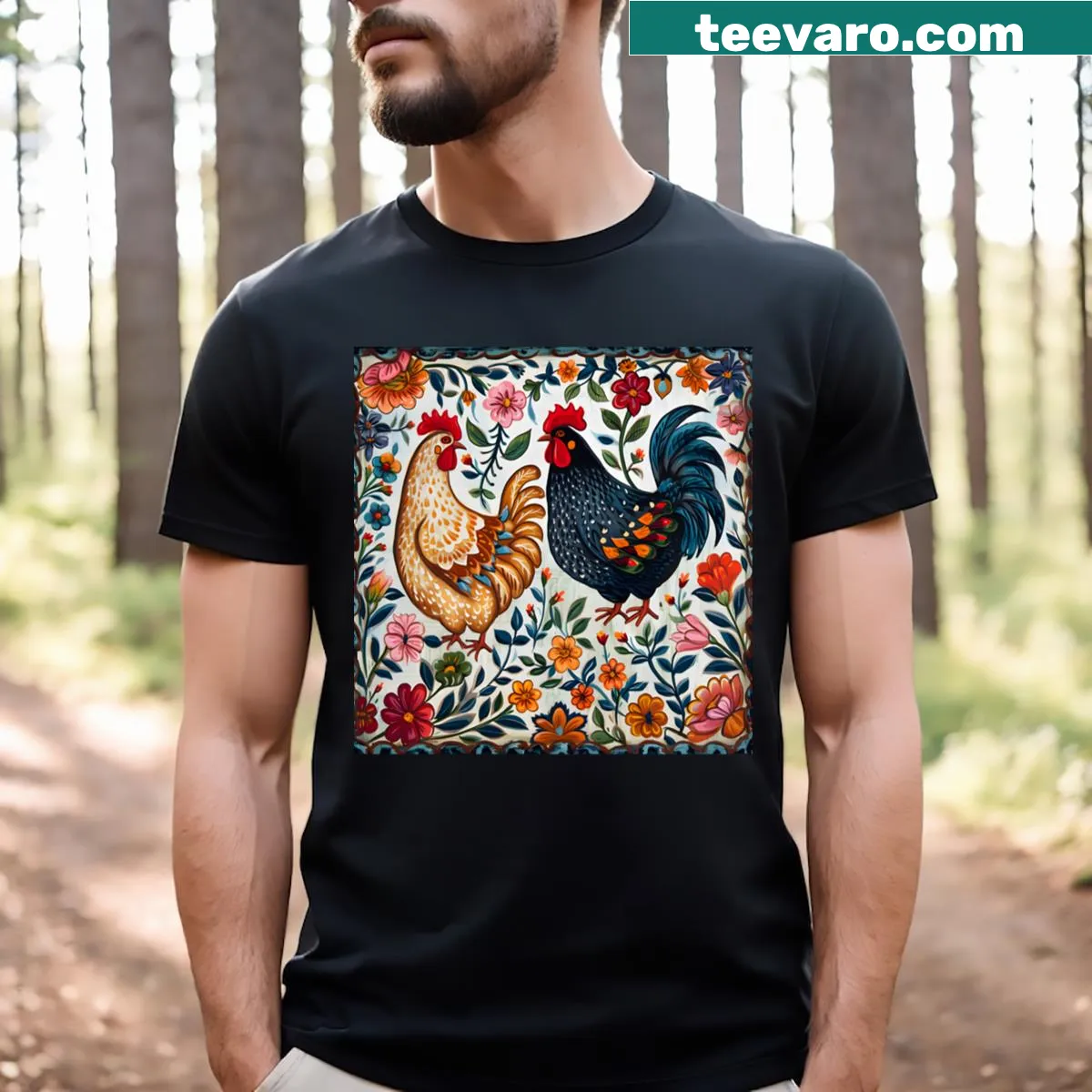 Illustrated cockerel T-shirt with a rustic design — on a men's t-shirt