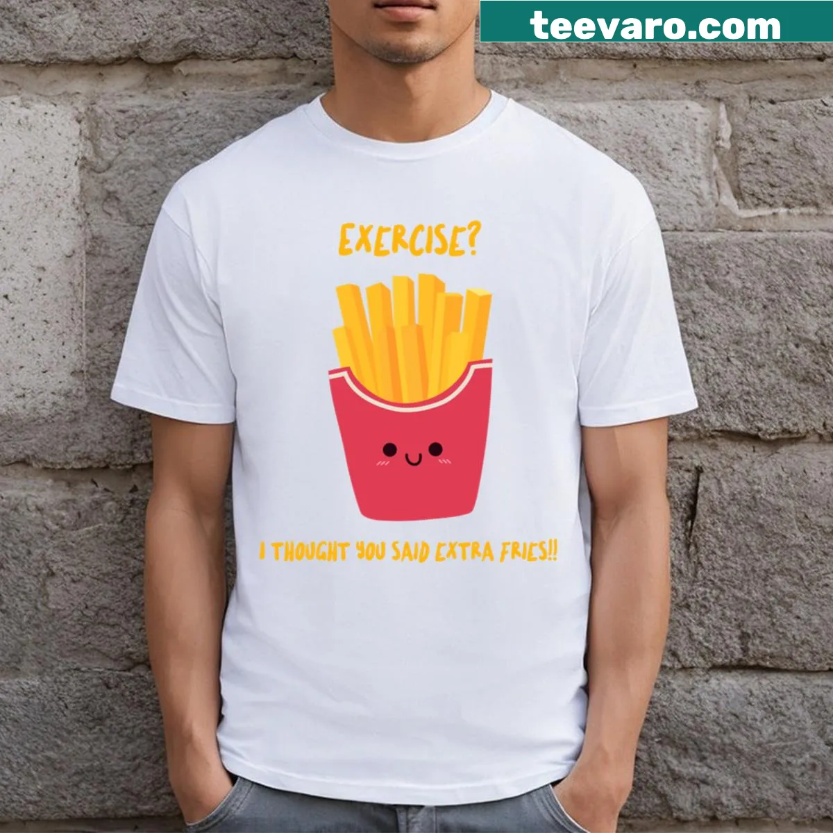 Funny French Fries t-shirt with playful typography — on a men's t-shirt