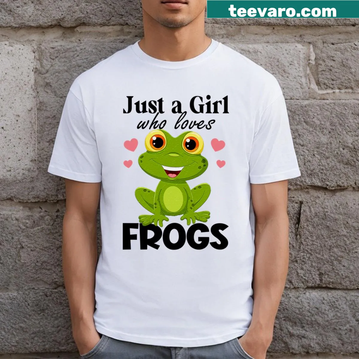 Fitted t-shirt with 'Just A Girl Who Loves Frogs' text — on a men's t-shirt