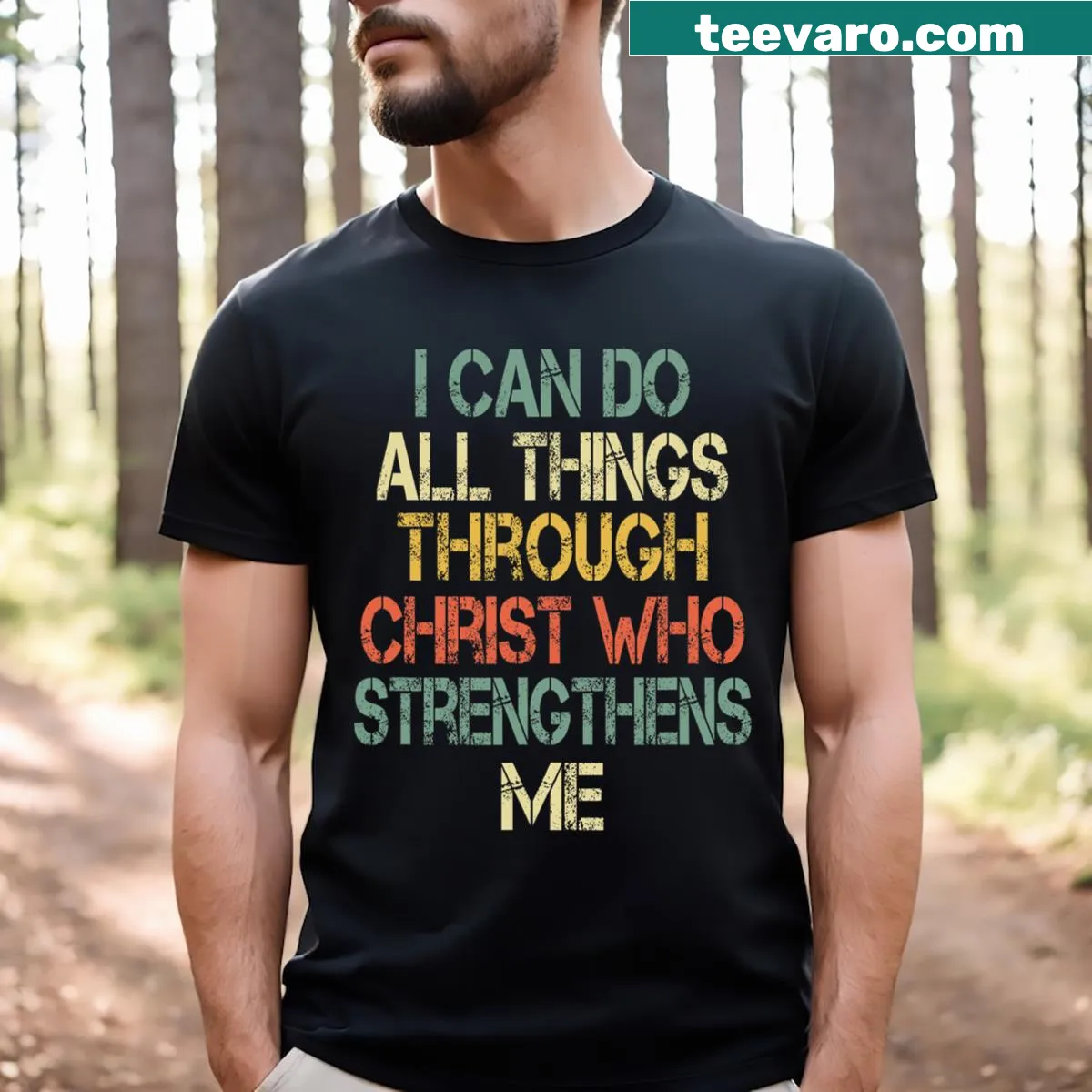 Inspirational Christian t-shirt with 'I Can Do All Things Through Christ' text — on a men's t-shirt