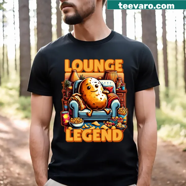 Cartoon graphic declaring 'Couch Potato Lounge Legend' on a t-shirt