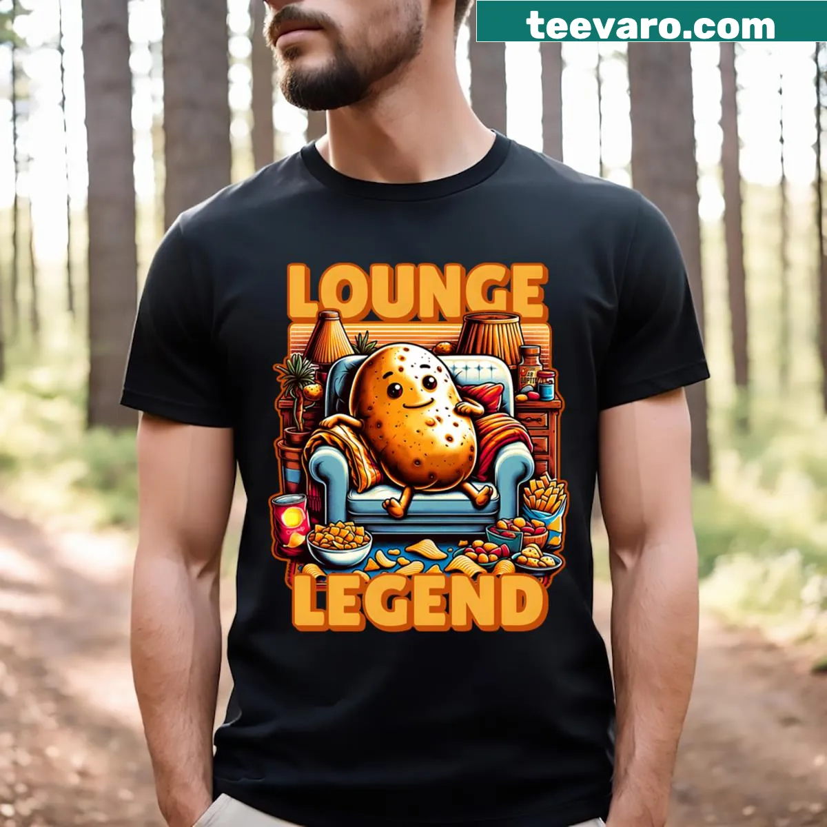 Cartoon graphic declaring 'Couch Potato Lounge Legend' on a t-shirt — on a men's t-shirt