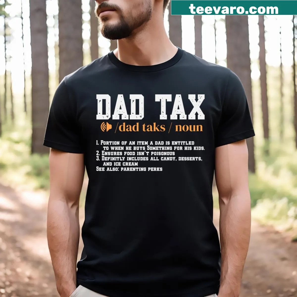 Retro style T-shirt with Dad Tax definition in a humorous font — on a men's t-shirt