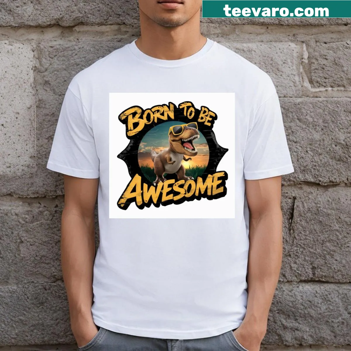 Cartoon T. rex with humorous vibes on a t-shirt — on a men's t-shirt