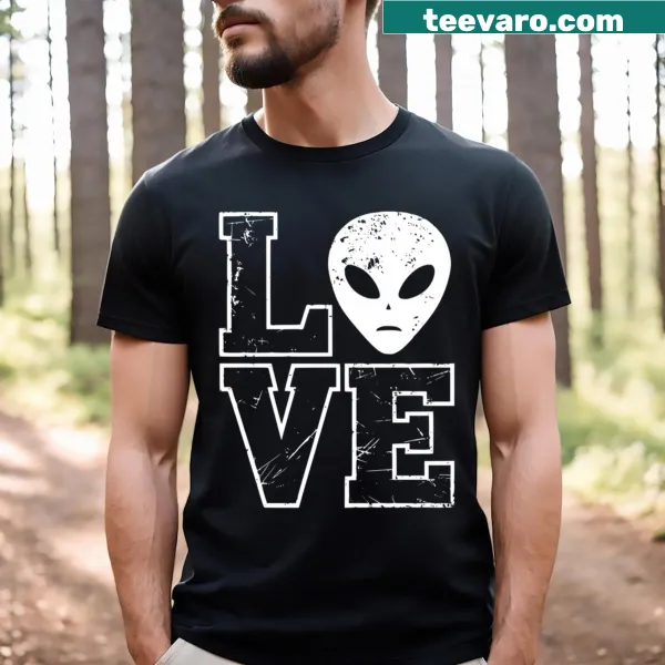 Cartoon-style t-shirt featuring aliens and UFOs designed for men