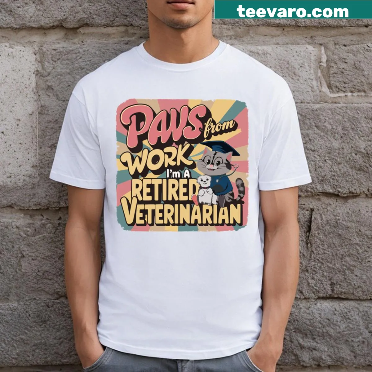 T-shirt with humorous text celebrating retired veterinarians. — on a men's t-shirt