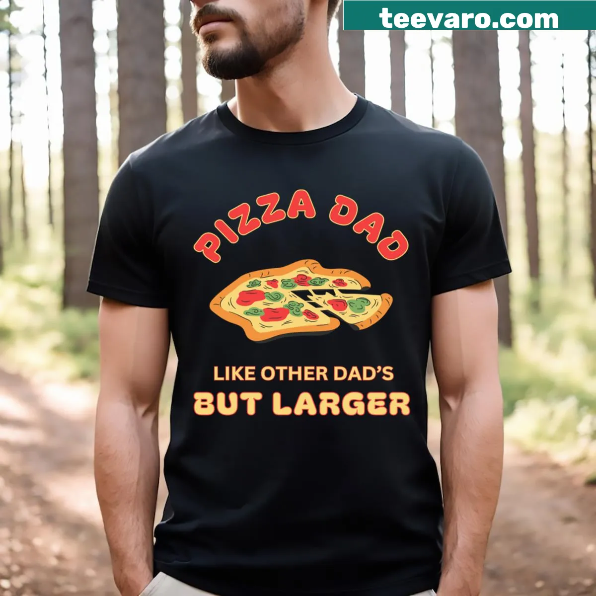 Pizza-themed T-shirt featuring a funny cartoon pizza graphic — on a men's t-shirt