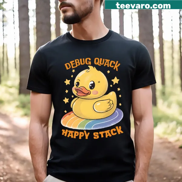 T-shirt featuring a humorous rubber duck debugging graphic for programmers.