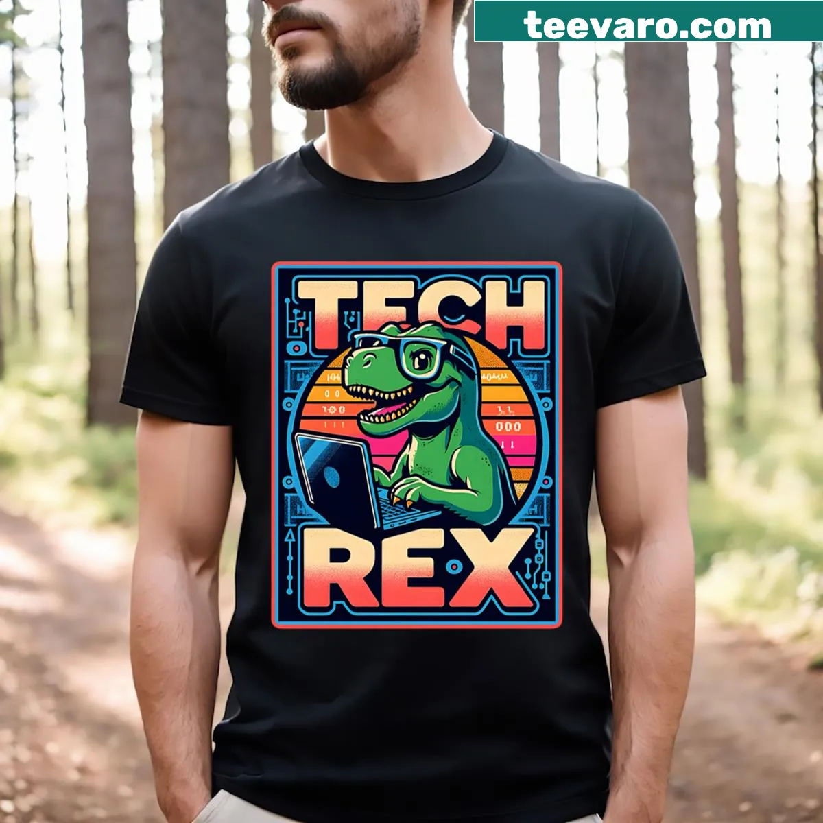 Illustrated dinosaur with laptop and humorous tech text on t-shirt. — on a men's t-shirt