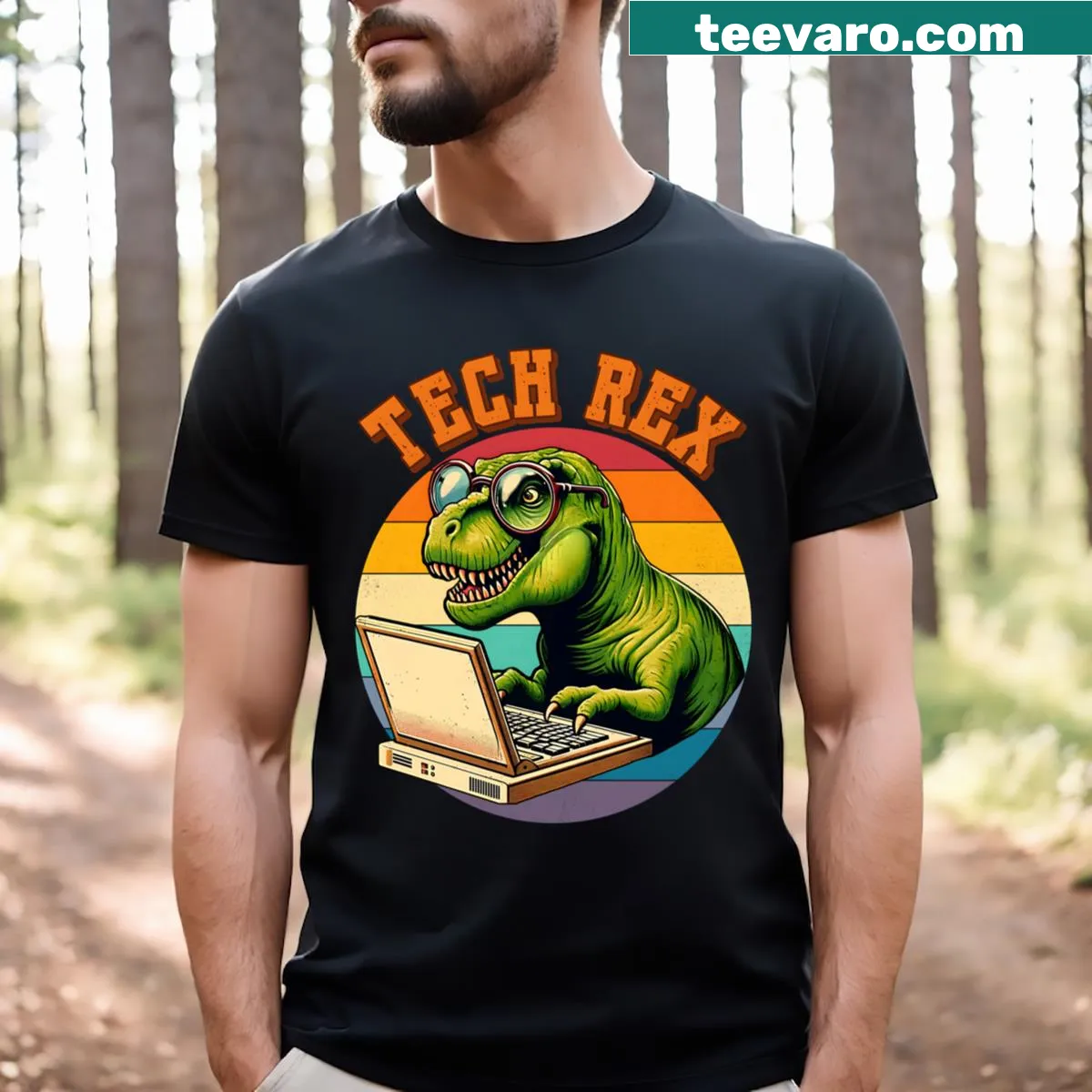 Illustration of a dinosaur with a laptop in funny retro style — on a men's t-shirt
