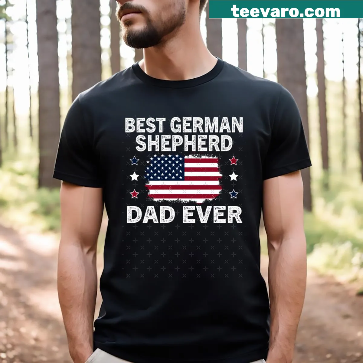 Graphic t-shirt featuring a German Shepherd and American flag — on a men's t-shirt