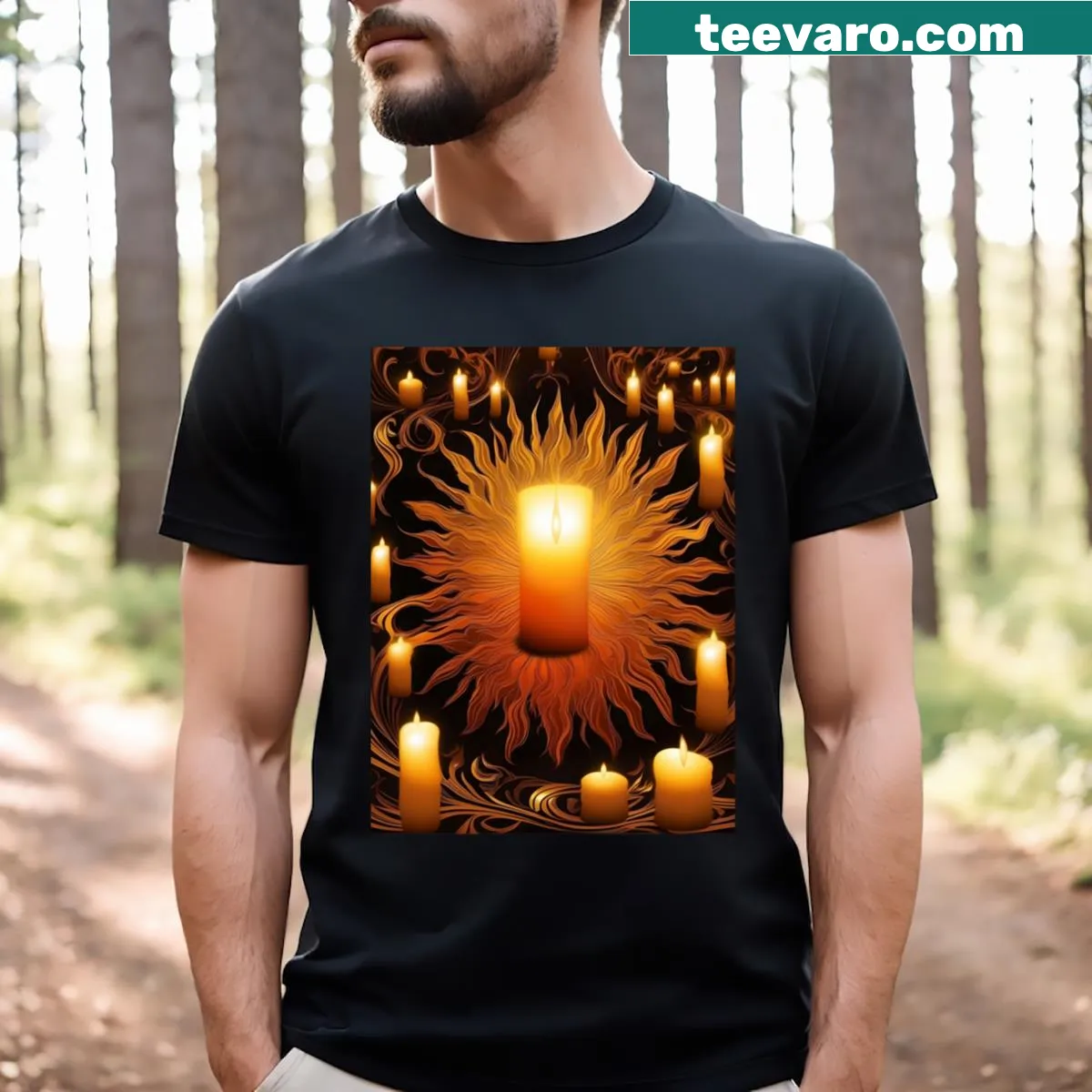 Artistic T-shirt depicting flames with bold typography — on a men's t-shirt