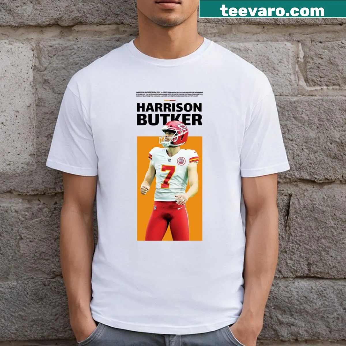 Harrison Butker jersey t-shirt with player name — on a men's t-shirt