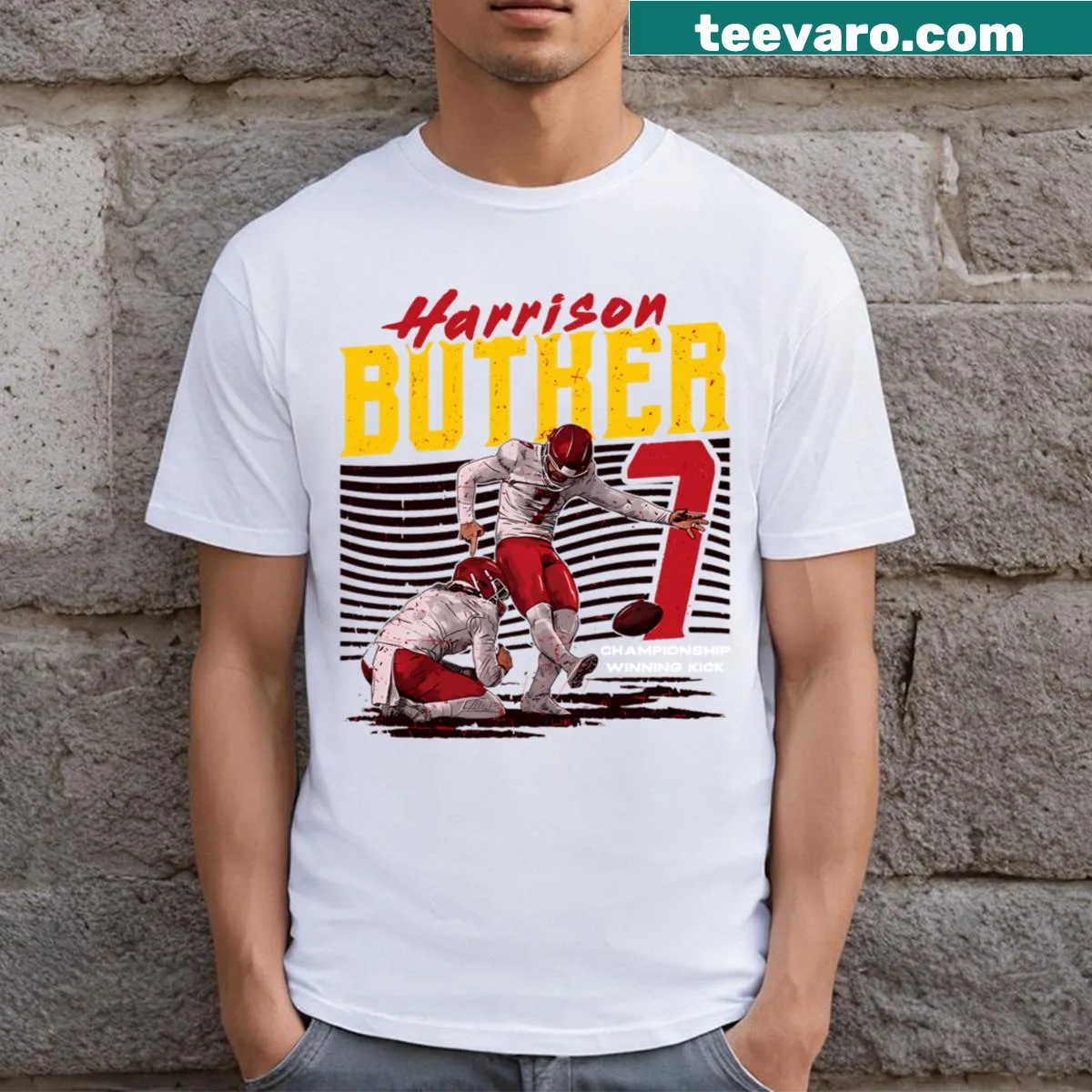 Essential t-shirt celebrating Harrison Butker's kicking skills. — on a men's t-shirt