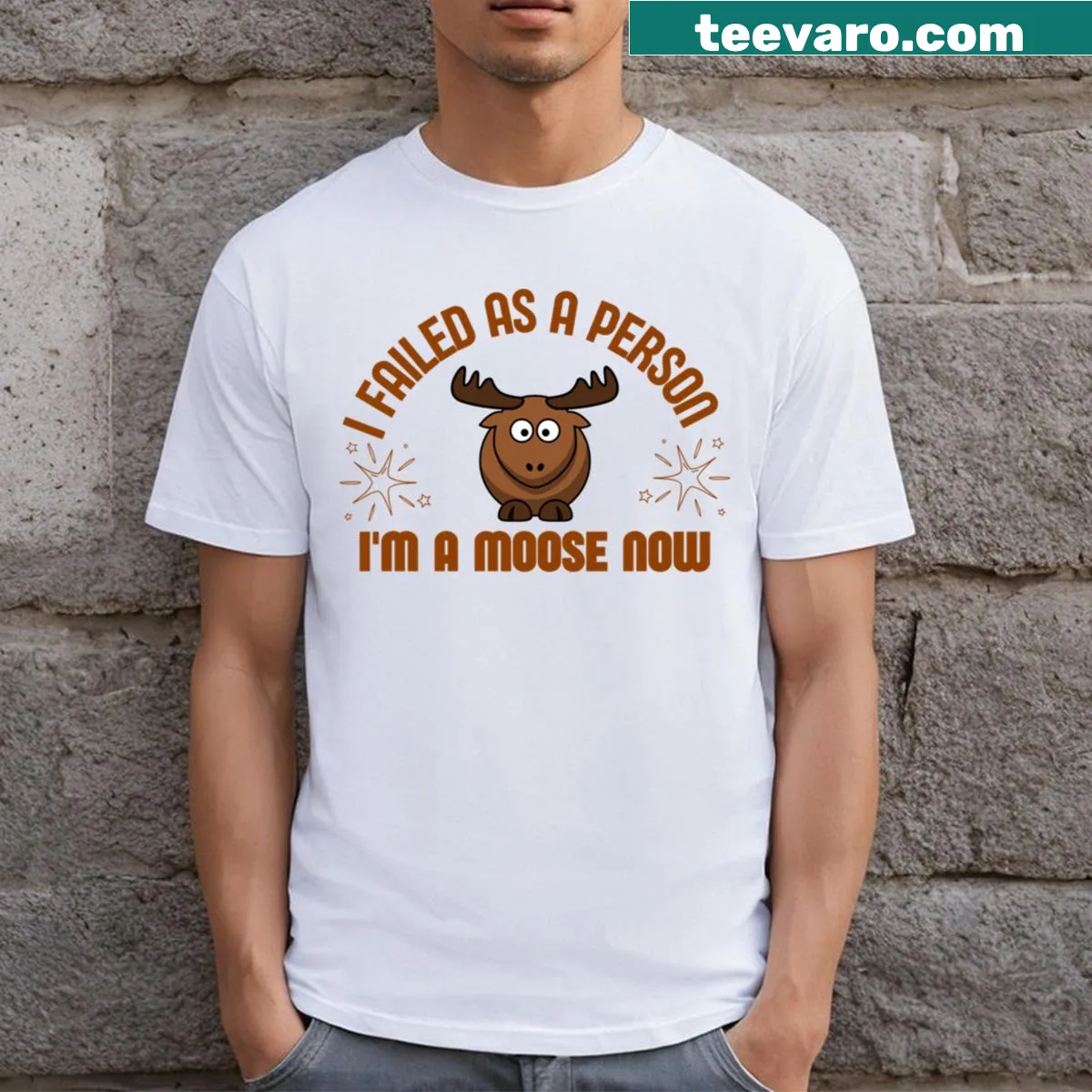 Funny moose-themed t-shirt with humorous self-acceptance phrase — on a men's t-shirt