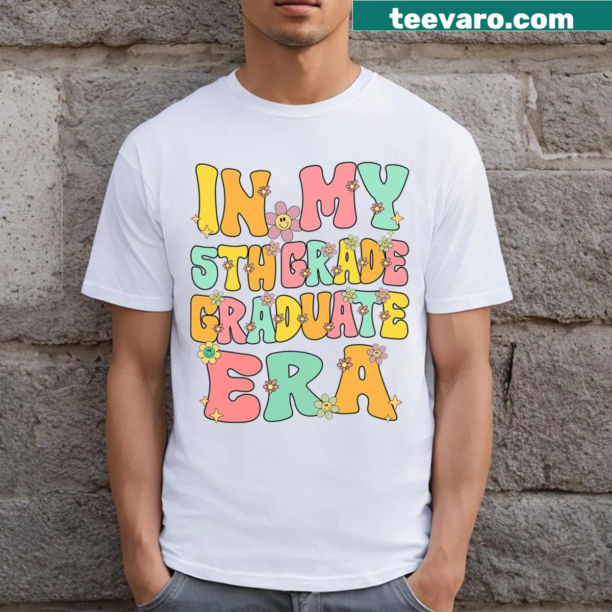 Groovy typography design celebrating fifth-grade graduation — on a men's t-shirt