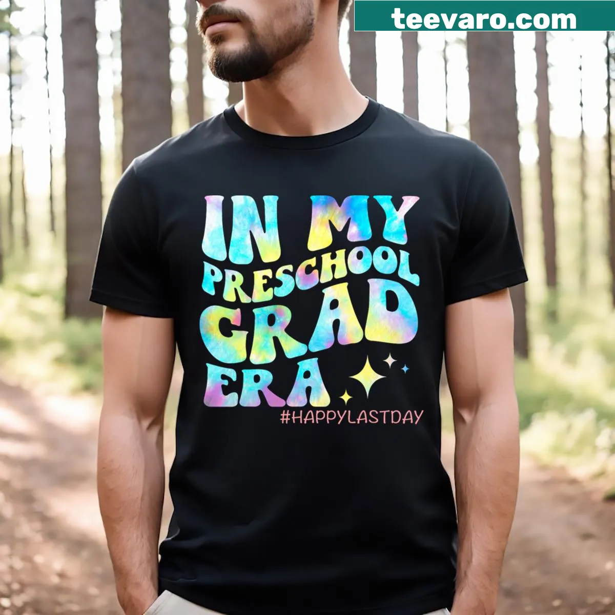 Typography T-shirt celebrating preschool graduation with cheerful text. — on a men's t-shirt