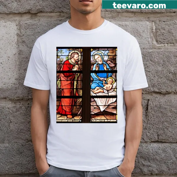 Stained glass illustration of Joseph, Mary, and baby Jesus on a t-shirt.