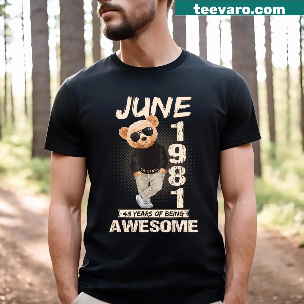 T-shirt featuring a teddy bear with balloons for a June 1981 birthday — on a men's t-shirt