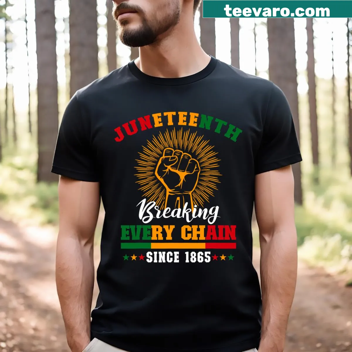 T-shirt with the message 'Breaking Every Chain Since 1865' — on a men's t-shirt