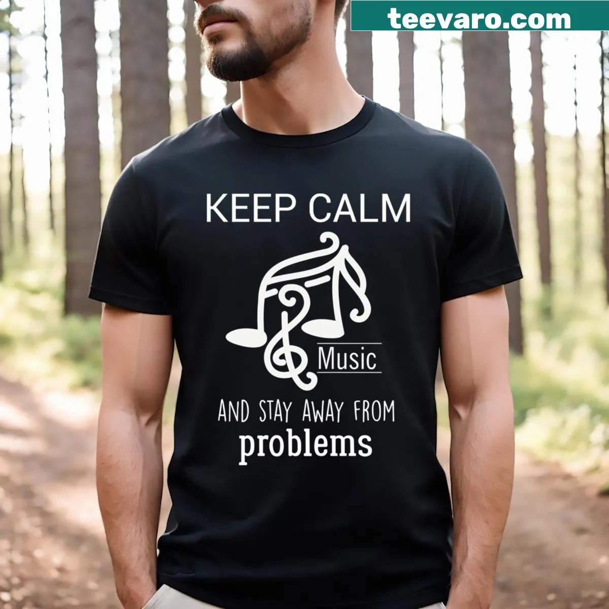 Funny music quote shirt with 'Keep Calm And Stay Away From Problems' — on a men's t-shirt