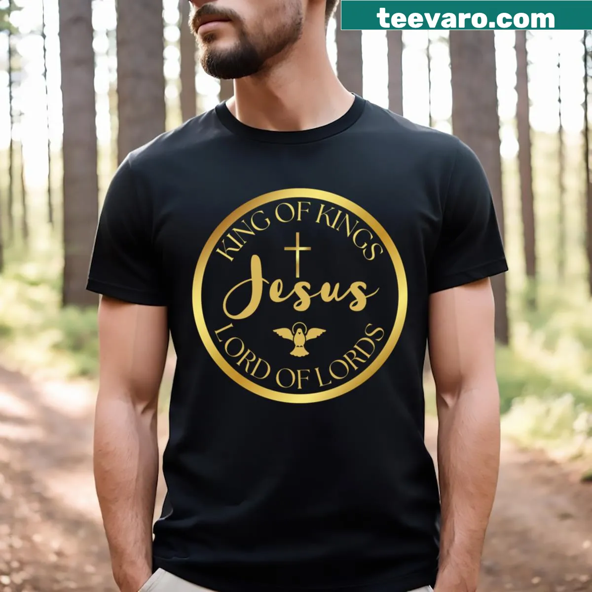 Inspirational Christian T-shirt with 'King Of Kings And Lord Of Lords' text — on a men's t-shirt