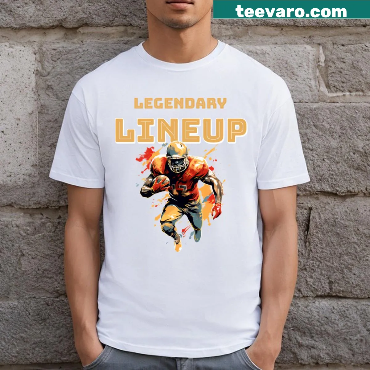 Typography t-shirt celebrating fantasy sports with legendary lineup text — on a men's t-shirt