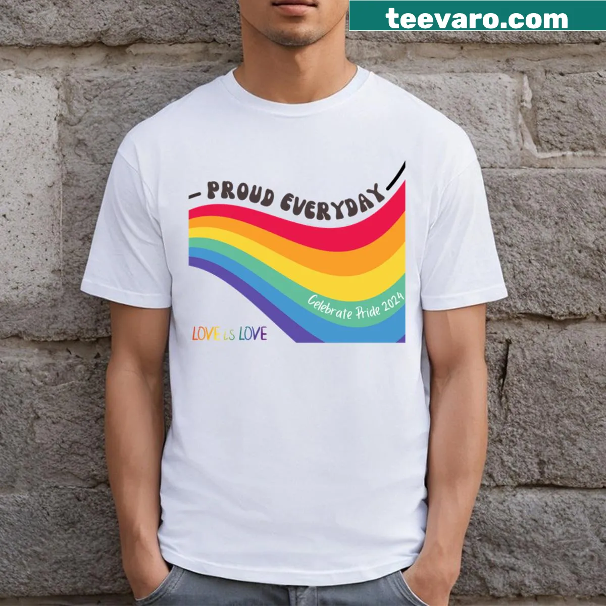 Pride t-shirt with Love Is Love text and rainbow design — on a men's t-shirt