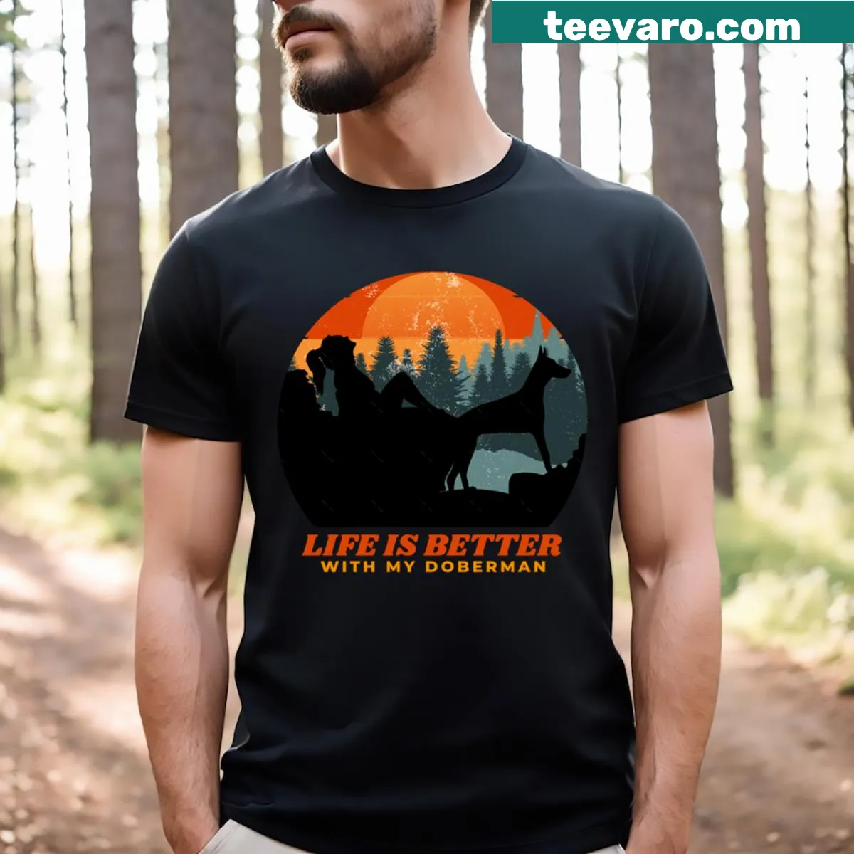 Heartfelt t-shirt featuring Life Is Better With A Doberman text — on a men's t-shirt
