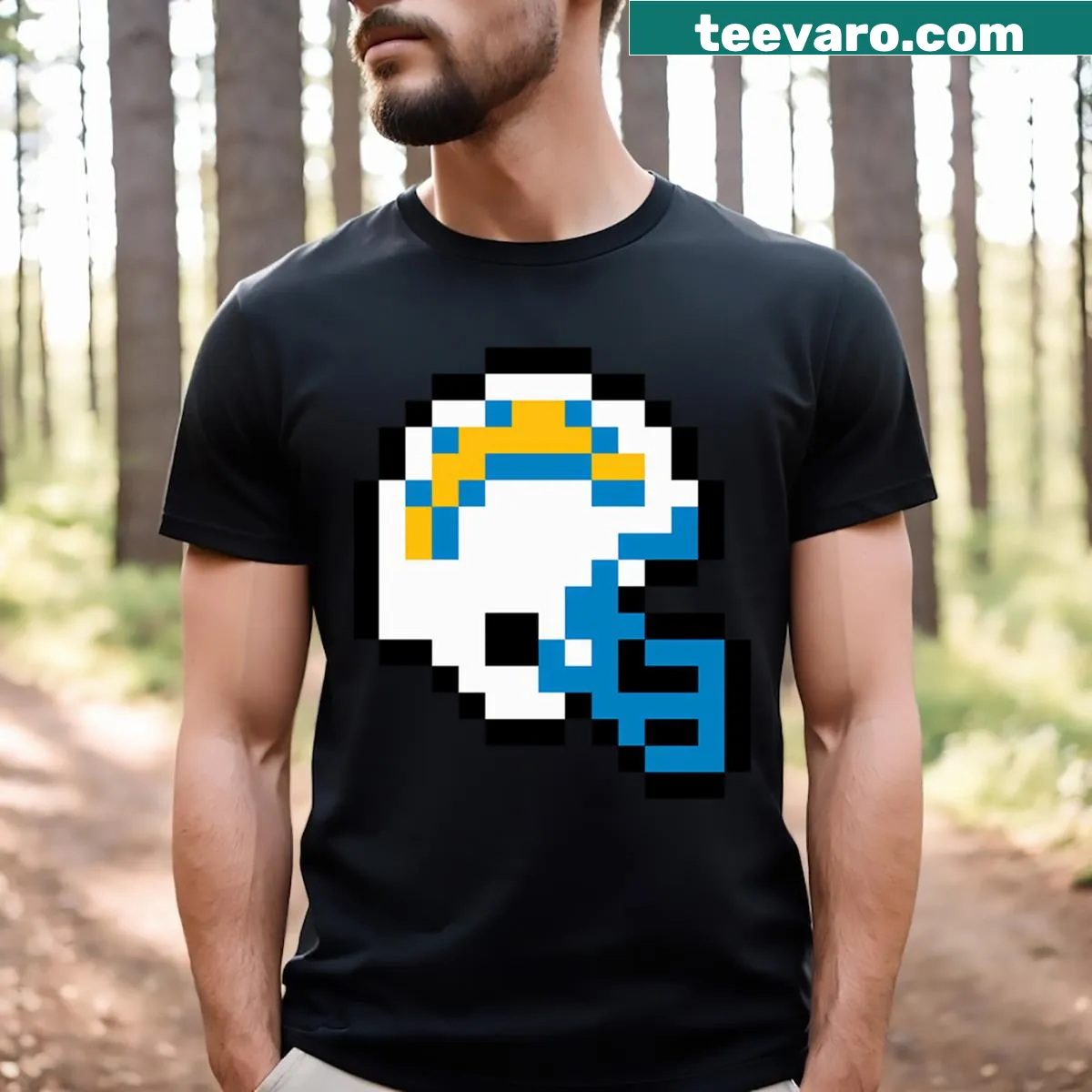 Retro 8-bit football helmet design for Los Angeles Chargers on a t-shirt. — on a men's t-shirt