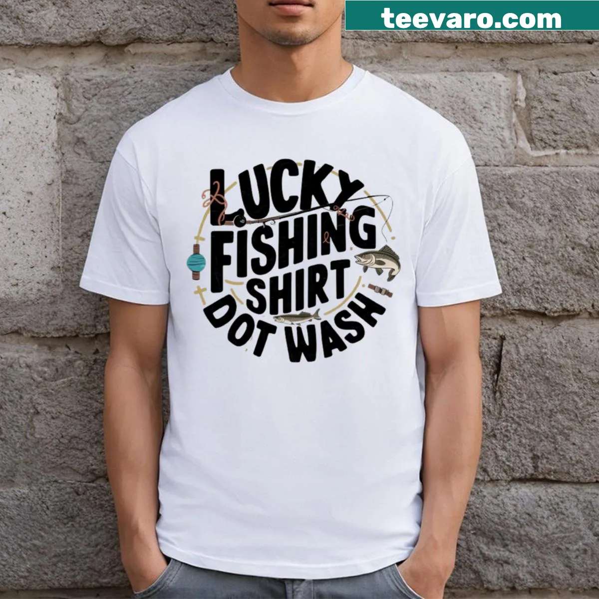Men's T-shirt featuring a fishing graphic — on a men's t-shirt