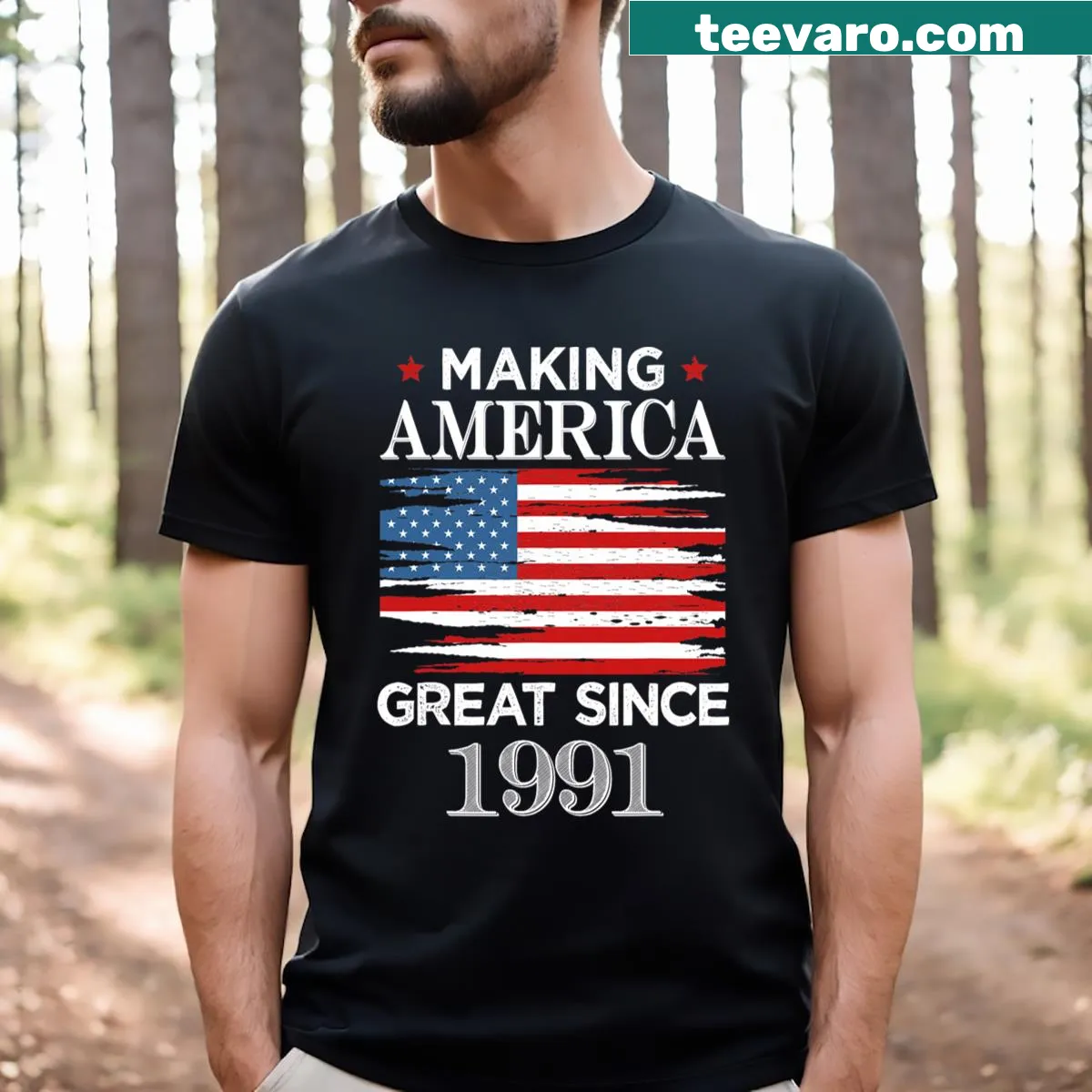 Funny birthday T-shirt saying 'Making America Great Since 1991' — on a men's t-shirt